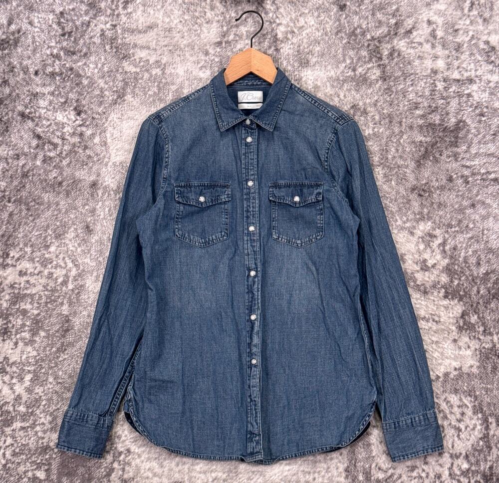 J Crew Slim Fit Chambray Denim Shirt 10 Tall Womens Blue Pearl Snap
